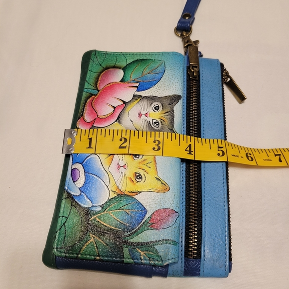 Anuschka Blue and Green Leather Hand Painted  Cat Design Wristlet - Picture 9 of 9